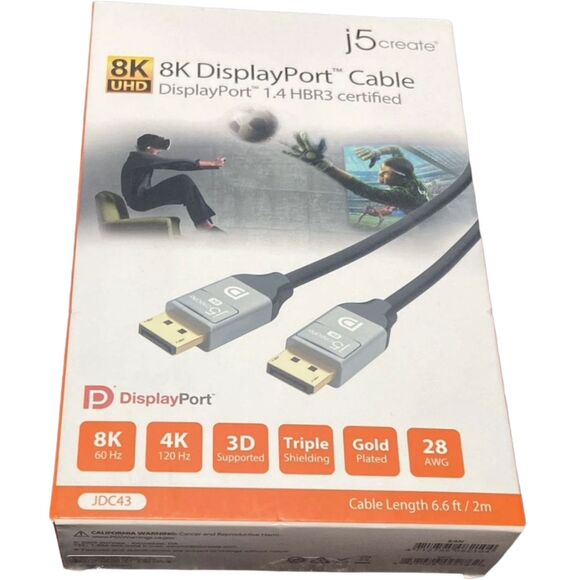8K DisplayPort Cable j5create 6.6ft JDC43 DP1.4 32.4Gbps HDR Gaming NEW - Picture 3 of 4